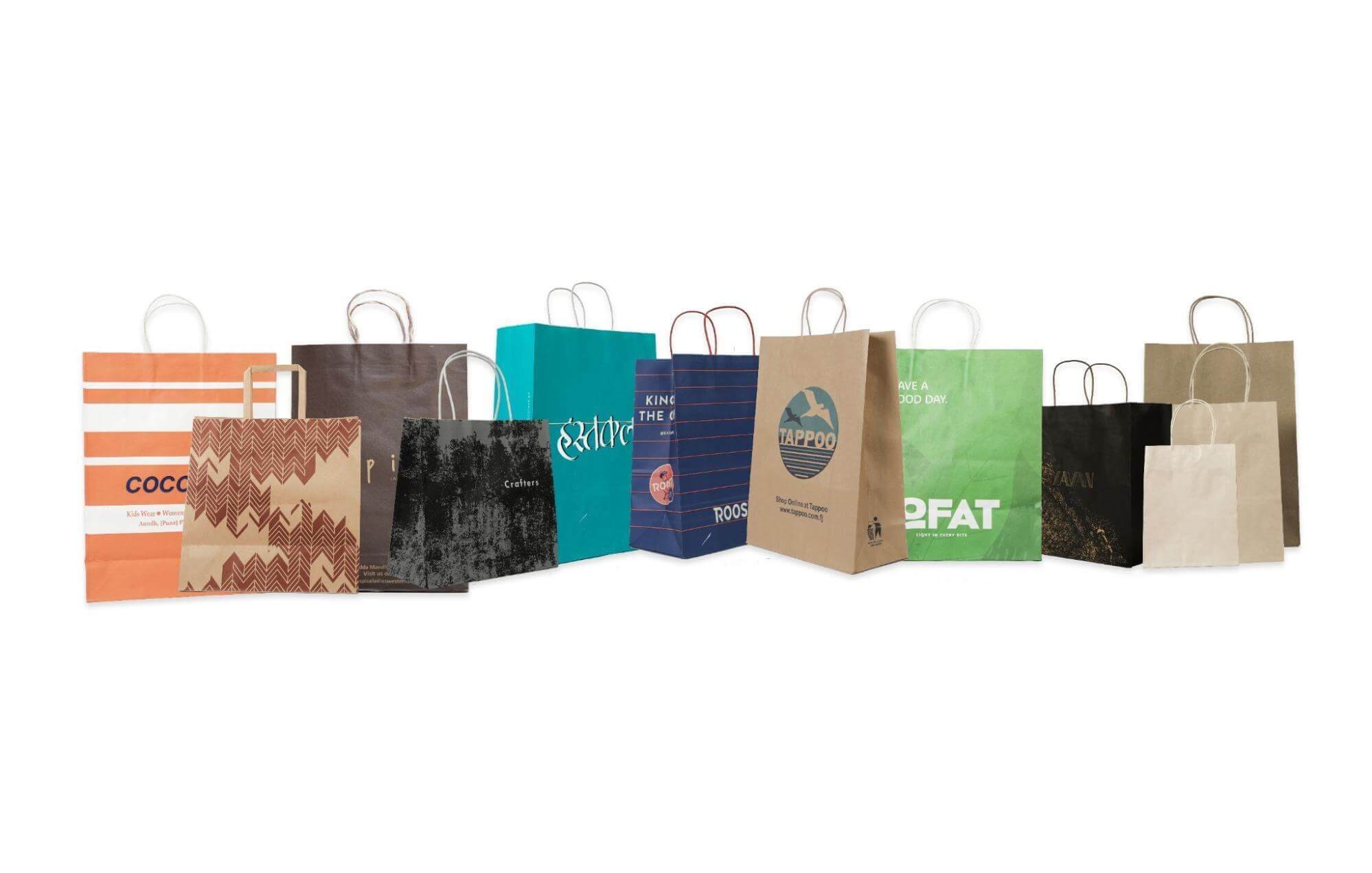 A variety of different paper bags printed by max packaging for its clients